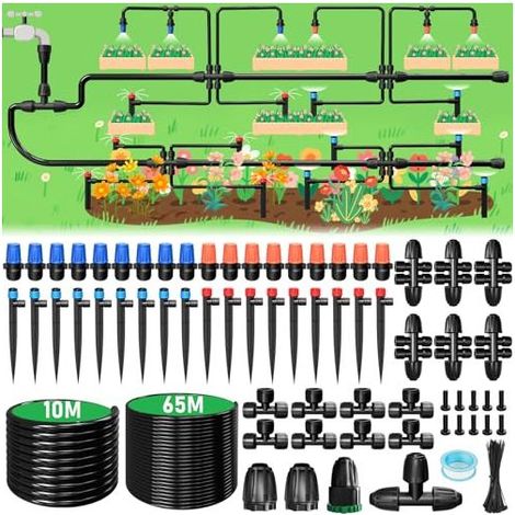 Sistema di irrigazione da giardino. Irrigazione automatica da 65 m + 10 m. Kit di irrigazione a goccia da 152 pezzi con accessori per l'irrigazione di giardino, prato, serra e piante. (1/5)
