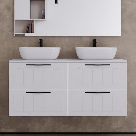 Meuble de salle de bain 120cm avec plateau et deux vasques à poser ovales - 4 tiroirs - sans miroir - blanc - PIA (1/5)