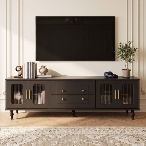 Meuble TV Banc TV 175cm avec Portes en Verre Ondulé et Tiroirs Push-to-Open, Panneau de Particules, Style Rétro, Noir (1/5)