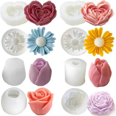 3D-Silikonformen für Blumen (Pfingstrosen, Rosen, Tulpen, Gänseblümchen, Herz), 8 Stück, weiß