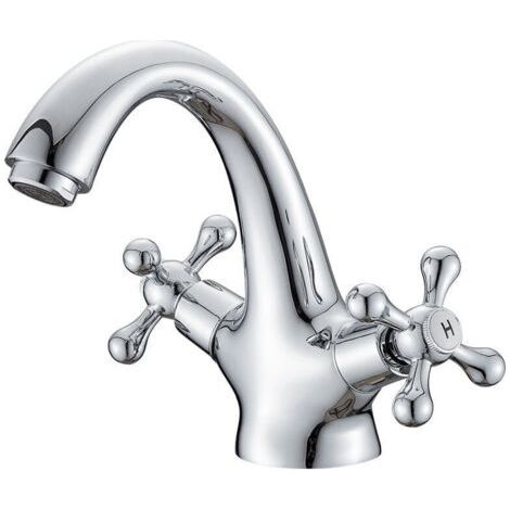 Grifo de lavabo retro, grifo mezclador vintage para baño, cromado, plateado (con manguera de 60 cm). (1/5)