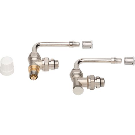 Danfoss – Raccord radiateur bitube 75mm équerre laiton nickelé avec joint étanchéité – Coude à sertir PER Ø12 – Bague de préréglage 4 positions (1/4)