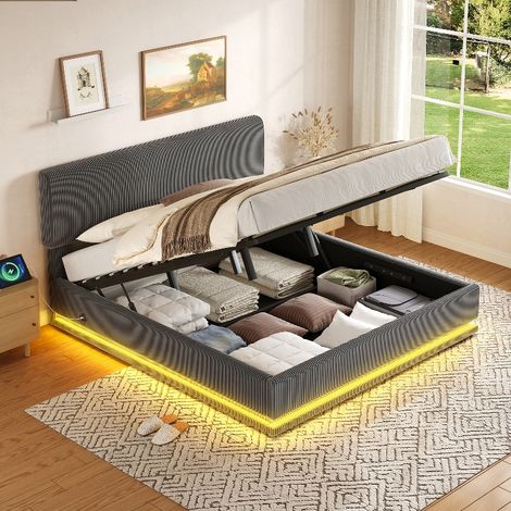 Polsterbett 160x200 Grau mit Stauraum und LED-Beleuchtung, Doppelbett aus Cordstoff mit USB-C Ladefunktion und höhenverstellbarem Kopfteil (1/5)