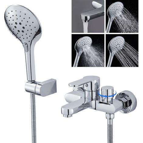 Rovogo – Mitigeur de baignoire mural en laiton chromé – Douchette 3 modes avec inverseur rotatif – Cartouche céramique – Tuyau flexible 150 cm