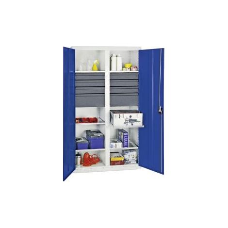Armadio portautensili e materiali Stumpf Serie 3000 grigio chiaro / blu genziana + 6 cassetti 100 mm + 2 cassetti 200 mm + parete divisoria centrale + 6 ripiani estraibili - 3004774