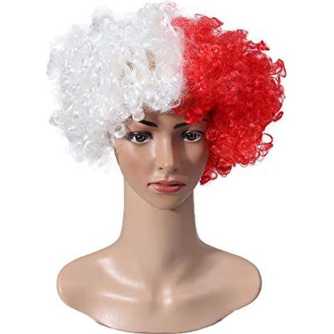 Peluca Afro Polska Fan en colores rojo y blanco.