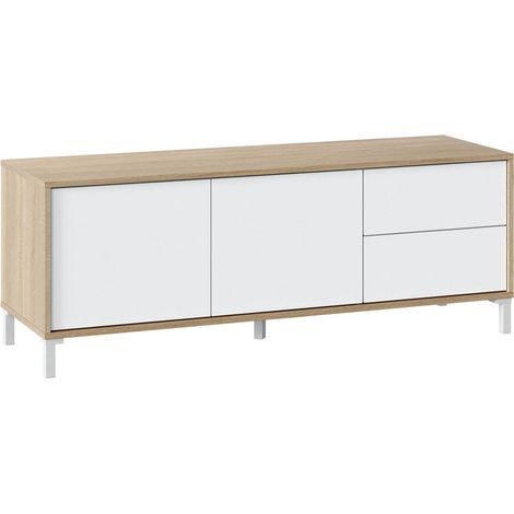 TV-Ständer Cary, Sideboard für Fernseher mit 2 Türen, TV-Ständer im Wohnzimmer, Fernsehschrank, Sideboard für Wohnzimmer, cm 130x41h47, Eiche und Weiß (1/5)