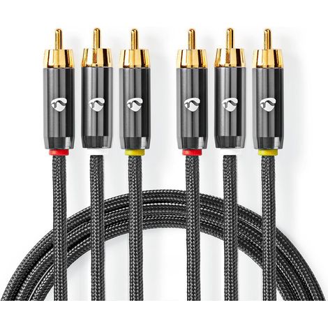 Cable de video compuesto 3x rca macho 3x rca macho chapado en oro 480p 200 metros redondo algodon antracita gris con metal carton con ventana cubierta