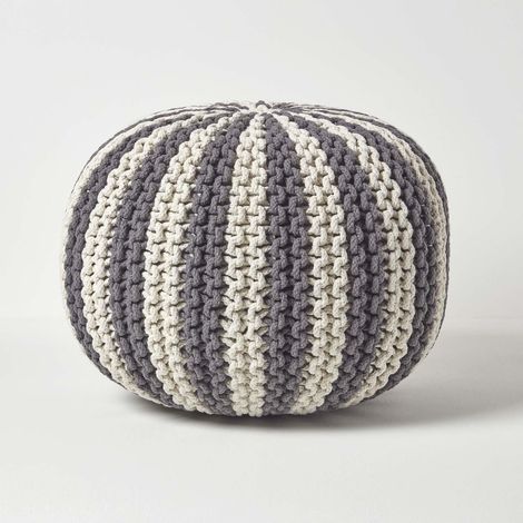HOMESCAPES Großer Pouf, grau-weiß, 40 x 50 cm