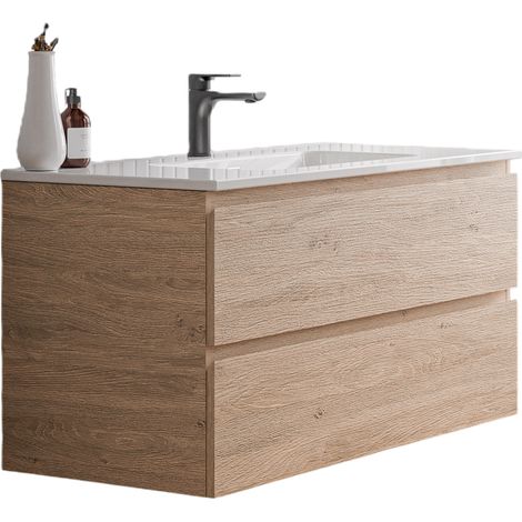 BERNSTEIN - Mobile lavabo sospeso MDF rovere miele, lavandini bianco lucido + foro rubinetto, troppopieno, piletta - 100x46x50cm - AVA	Bianco lucido, Rovere Miele Oro