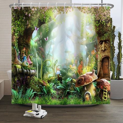 Rideau de Douche Forêt enchantée Forêt enchantée printanière Champignon Rideau de Douche imperméable Jungle Arbres Fleurs Flore Papillon Polyester Décoration intérieure 180x220cm (1/5)