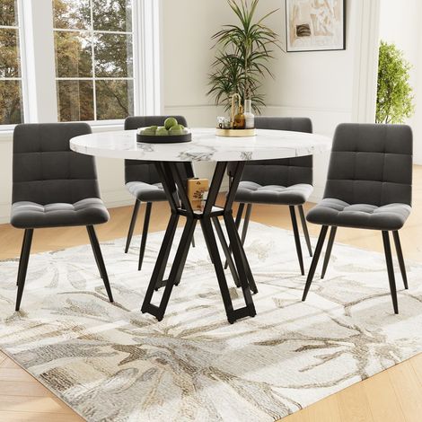 Ensemble Table à Manger 5 Pièces - Table Ronde Marbre 100cm - 4 Chaises Velours Gris - Design Contemporain - Montage Facile (1/4)