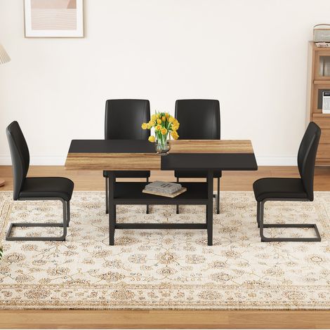 Conjunto de comedor MDF y metal color madera y negro, mesa 160x90x76 cm con estante y 4 sillas de PU (1/5)