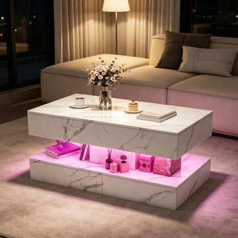 Table basse marbre blanc –Table basse rectangulaire - éclairage LED – rangement double – 100×50×45 cm (1/5)