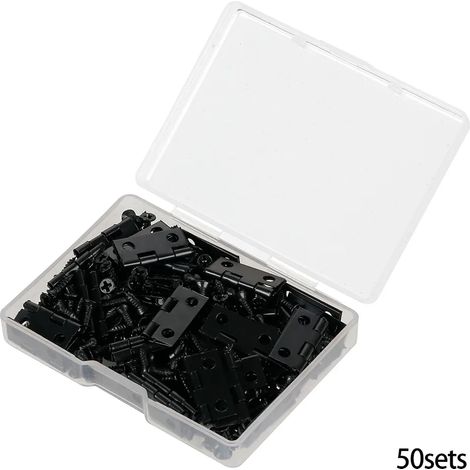 (Noir) Boîte de 50 charnières en fer avec 200 vis, coloris argent, doré, bronze et noir, fixation 4 trous, quincaillerie de meubles durable, mini-charnières décoratives (1/5)