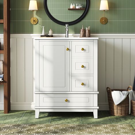 Meuble de salle de bain avec vasque 61 x 47 x 86 cm, 3 tiroirs, porte avec rangements, blanc DESVIAE (1/5)