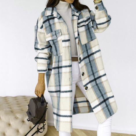 Veste-chemisier longue à carreaux en laine mélangée Drppepioner pour femme, manches longues, fermeture boutonnée, style boyfriend, chemise en flanelle, taille XL (1/5)