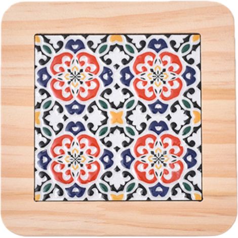 Sous-couche résistante à la chaleur pour table à manger - Motif carrelage vintage - Isolante thermique et durable - Bois de pin - 14 x 14 x 1,5 cm - Couleur bois naturel - 1 pièce (1/5)