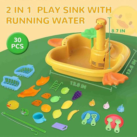 Spielspüle mit fließendem Wasser, Schneidespielzeug für Lebensmittel, 2-in-1-Rollenspielküche, schwimmendes Angelspielzeug für den Pool