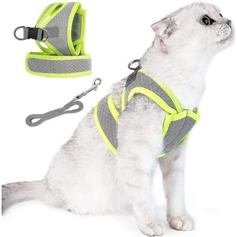 Katzengeschirr und Leine im Set, weiche und verstellbare Ausbruchschutzweste, atmungsaktiv, leicht und einfach zu handhaben für Outdoor-Aktivitäten – Größe S – Grün/Grau (1/5)