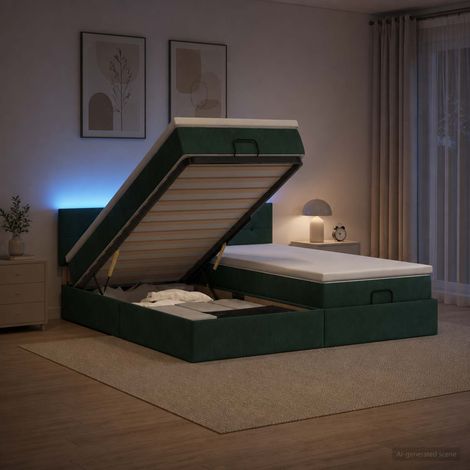 vidaXL Lit coffre avec matelas et LED Vert foncé 180 x 200 cm Velours (1/5)