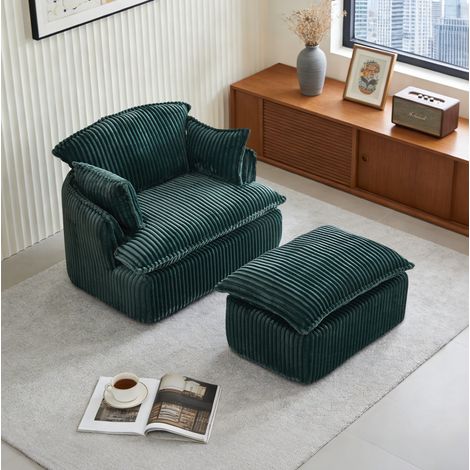 Poltrona con pouf 115x89x77 cm in tessuto a coste verde, salvaspazio per soggiorno FloraGrace (1/5)