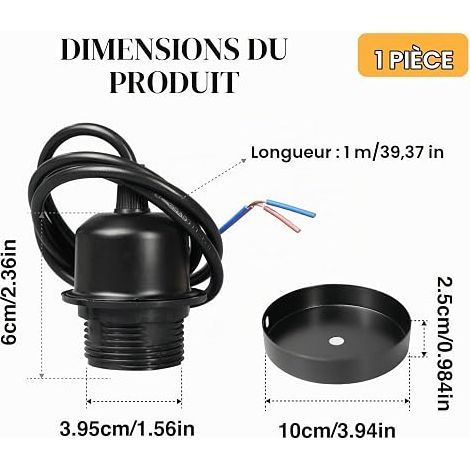 E27 Pendant Light Black with Screw Socket, Compatible with Lampshade, Ceiling Mount for Kitchen, Living Room, Bedroom, DIY Projects and Indoor Lighting (1/4)