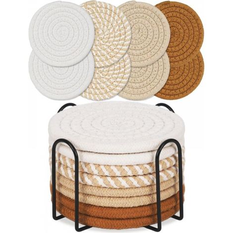 Ensemble de sous-verres ronds bohèmes en coton kaki pour table à manger, coussin isolant épais, tapis rond pour thé (avec support), 8 pièces (1/5)