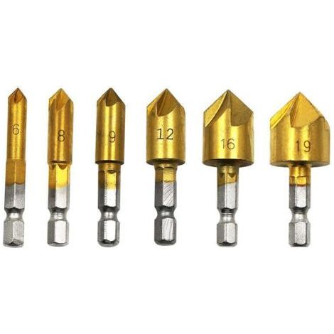 6Pcs HSS Fraise à Chanfreiner 90 Degrés 5 Flûte Fraises à Chanfreiner Trou Tailleur Titane Revêtu Fraise à Chanfreiner 1/4"Foret à Bois Queue Hexagonale 6mm 8mm 9mm 12mm 16mm 19mm Outil de Bricolage (1/5)
