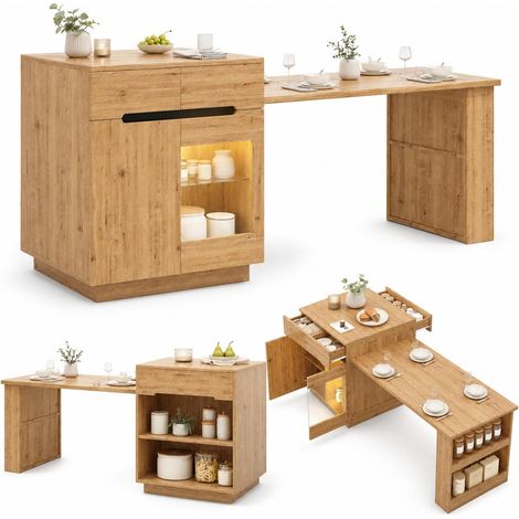 FurnitureR Oak Extendable Kitchen Island with LED and Glass Cabinet (1/5)