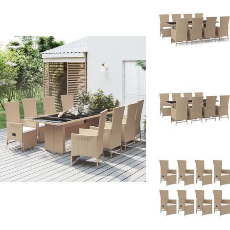 9-tlg. Garten-Essgruppe mit Kissen Beige Poly Rattan - Garten Möbel Set - Outdoor Essgruppe - Garten Esstisch - Gartenstühle - Lounge Sessel (1/5)