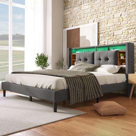 MINKUROW Letto Imbottito Letto Matrimoniale Spazio Contenitore Testata Letto con Ricarica Usb e Illuminazione a Led Rete a Doghe in Legno, 140200cm Grigio (Senza Materasso) (1/5)