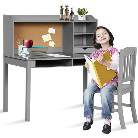 Scrivania per bambini con sedia mensola bacheca in sughero da letto, Set scrivania e sedia per bambini postazione di lavoro Grigio (1/3)