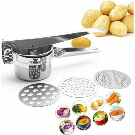 Schiacciapatate professionale 3 in 1 in acciaio inox, a pressione manuale, ideale per frutta, verdura, agrumi e pappe per neonati. (1/5)