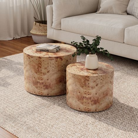 Lot de 2 tables gigognes rondes en MDF, finition loupe naturelle, bois naturel (1/5)