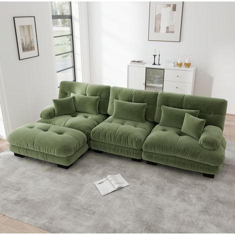 Canapé d'angle modulaire en chenille verte avec ottoman, 313 x 145 x 81 cm HAVRYA (1/5)
