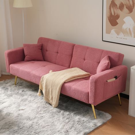 Premium Convertible Sofa Bed with 3-Way Adjustable Backrest – Features Gold Metal Legs, Included Cushions & Practical Side Storage Pockets – Space-Saving Guest Bed Solution Pink (1/5)