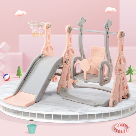 Toboggan 4 en 1 pour enfants avec support de basket-ball,structure d'escalade autoportante,pour intérieur et extérieur,cadeaux pour enfants,rose (1/5)