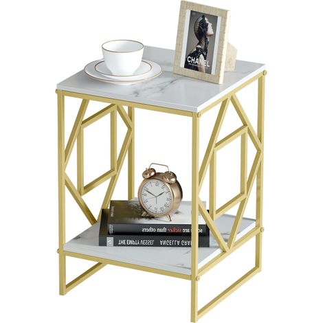 Beistelltisch Marmor Nachttisch luxuriös Sofatisch mit 2 Ablagen und goldenem Metallgestell, quadratisch 40x40cm Couchtisch (1/5)