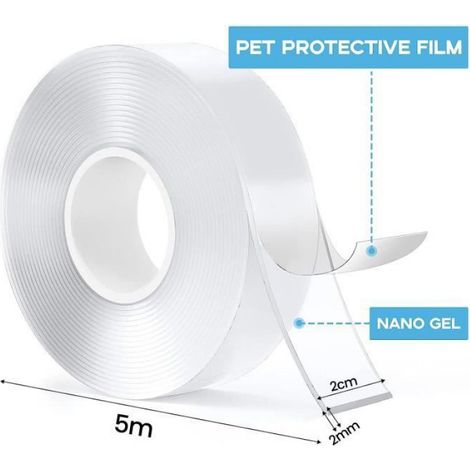 Ruban Adhésif Double Face Extra Fort - Nano Tape Transparent - 5m (1/4)