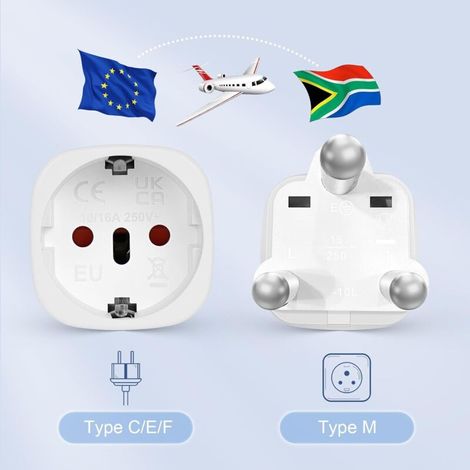 【2 pezzi】 Adattatore da viaggio Francia-Sudafrica, da spina europea a 2 pin a spina tipo M a 3 pin, adattatore per Mozambico, Bhutan, Namibia, Botswana (1/4)