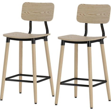 Ensemble de 2 tabourets de bar avec dossier et repose-pieds, chaises de cuisine avec pieds en acier pour la cuisine, le salon et la salle à manger, finition naturelle (1/5)