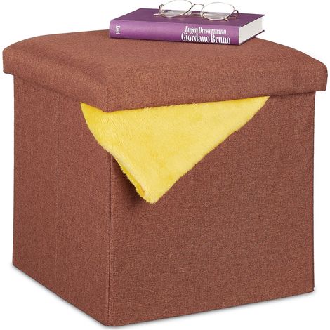 Relaxdays Pouf de rangement, pliable, rembourrage moelleux, carré, tissu, tabouret 37x37,5x37,5 cm, marron (1/5)