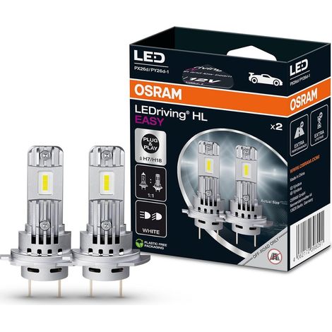 Osram LEDriving HL EASY ≜ H7/H18, lampe LED pour feux de route et de croisement, blanc froid 6500 K, aucun accessoire nécessaire, utilisation tout-terrain uniquement - pas de ECE, 2 lampes