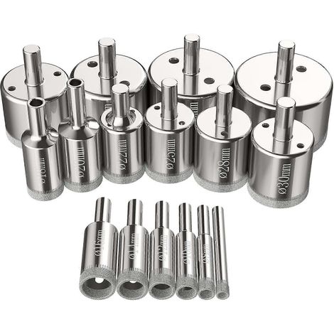 Kit de 16 scies cloches diamantées (6-50 mm) pour le perçage du verre, de l'acier au carbone, de la céramique, de la porcelaine, du carrelage et du marbre. (1/5)