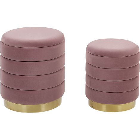 Conjunto de 2 pufs con almacenaje tapizados en terciopelo de poliéster rosa base de acero inoxidable dorada diseño moderno Garland