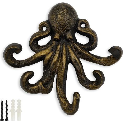 Schlüsselhaken im mediterranen Stil mit Oktopusmotiv, dekorativer Wandhaken aus antikbronzenem Gusseisen (1/5)