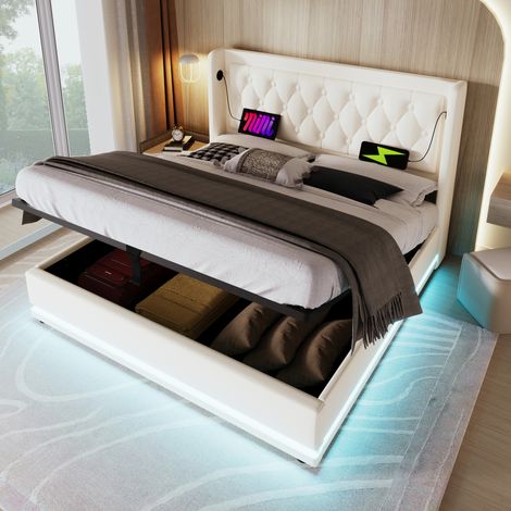 Letto matrimoniale contenitore in PU bianco 180x200 OKMYHOME (1/5)