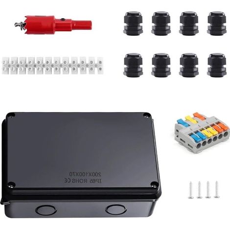 Caja de conexiones IP65 negra de 200x100x70 mm - Impermeable para sótanos/garajes - Terminales incluidos - Apta para cables de 12-16 mm - Accesorios de montaje - Protección contra la humedad (1/5)