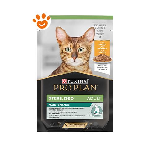 pro plan sterilised, alimento umido per gatto, teneri pezzetti in salsa con pollo.
